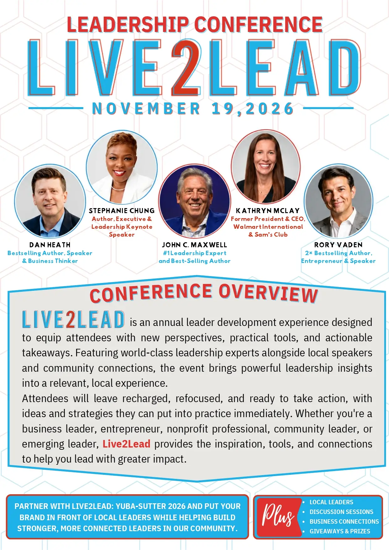Promotional poster for Leadership Conference Live2Lead on Nov 19, 2026, featuring five speaker headshots with names and roles and a conference overview section.